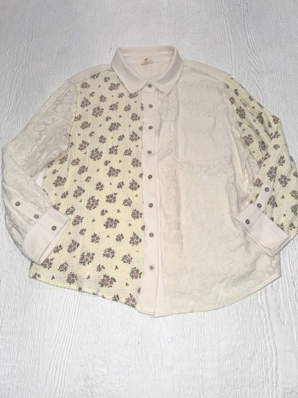 POL Romantic Floral Blouse Mixed Media Button Down Whimsical Spring Layering - Picture 4 of 11